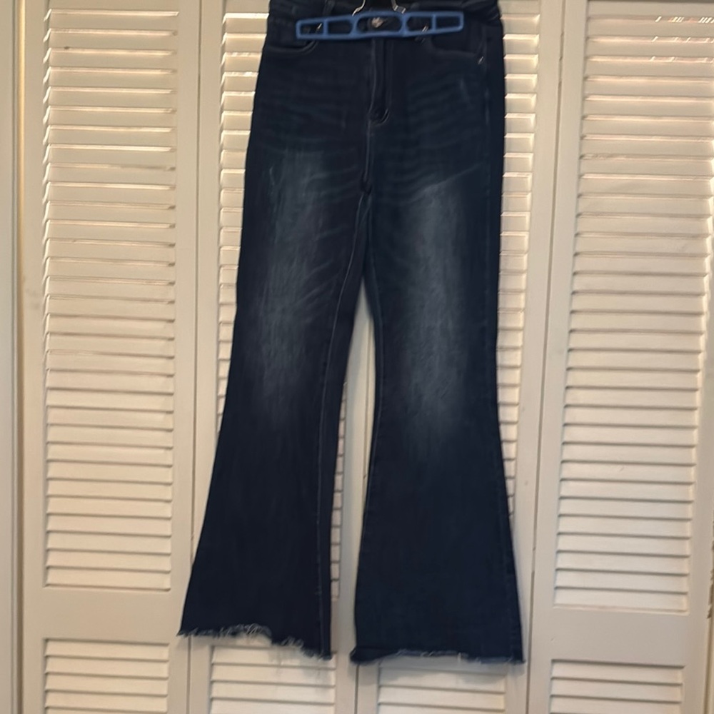 Black Wide Leg Flare Jeans with Distressed Hem